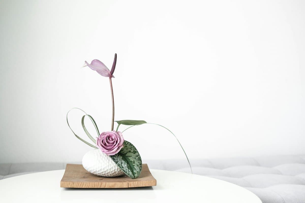 Sculptural arrangement in a pale ceramic vessel on a bare wooden table